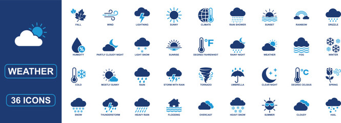 Obraz premium Weather Solid Icon Set for Forecast and Meteorology Featuring Sun, Rain, Cloud, Snow, Storm, Temperature, Wind, Moon, Climate, Humidity, Fog and Editable Professional Vector Symbols