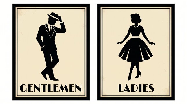 Vintage silhouette signs for gentlemen, ladies restroom doors