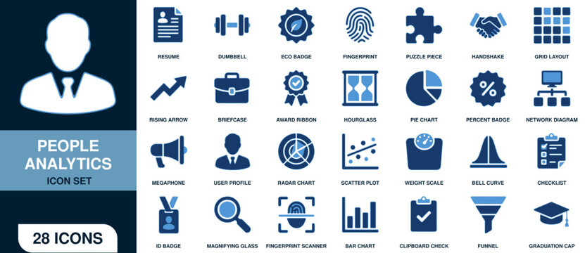 People analytics icon set, professional business data analysis and human resources vector graphics for corporate presentations and digital dashboards