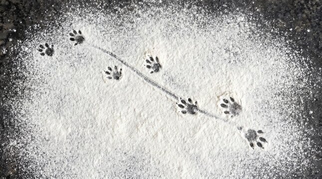 Animal tracks trail across fresh snow creating natural pattern