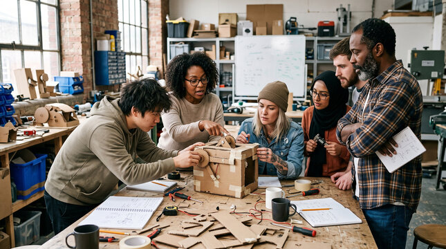 Team testing cardboard product prototype in workshop