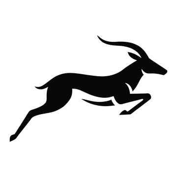Minimalist gazelle logo vector, jumping antelope silhouette icon, black impala profile graphic on white background, elegant wildlife animal emblem for sports branding and corporate identity.