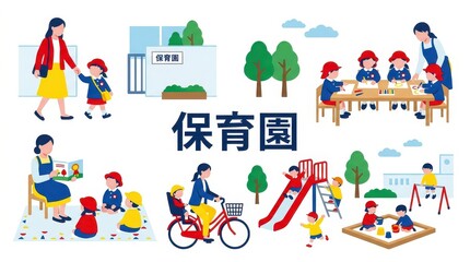 Fototapeta premium Illustration Set of Japanese Nursery School Activities with Children and Teachers Playing, Learning, and Commuting