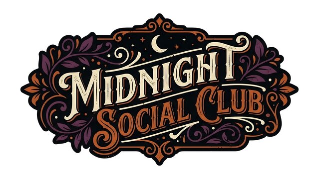 Vintage Midnight Social Club Decorative Typography Emblem