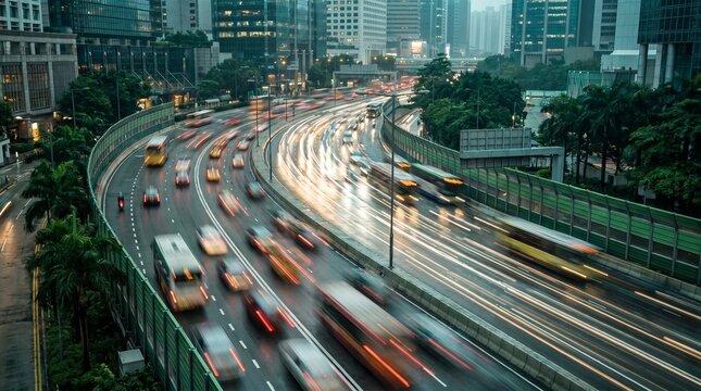 Elevated city highway with colorful light trails and motion blurred traffic at dusk