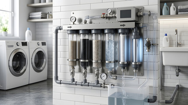 Advanced residential water filtration system with multi-stage filters in utility room water purification home plumbing water treatment