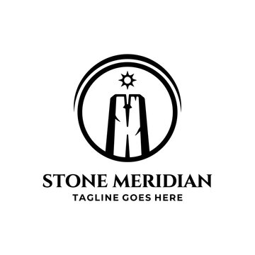 Mystical split stone pillar column standing beneath circular compass boundary frame with top star icon for geodetic surveying mapping logo design