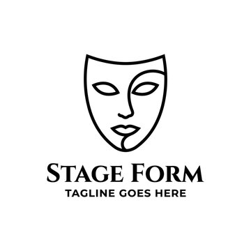 minimalist theatrical comedy mask outline featuring smooth curved facial contours expressive eye slots for performing arts entertainment logo design