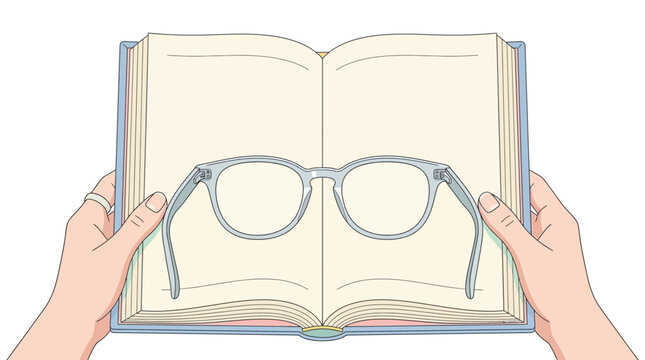 Hands holding open book with eyeglasses