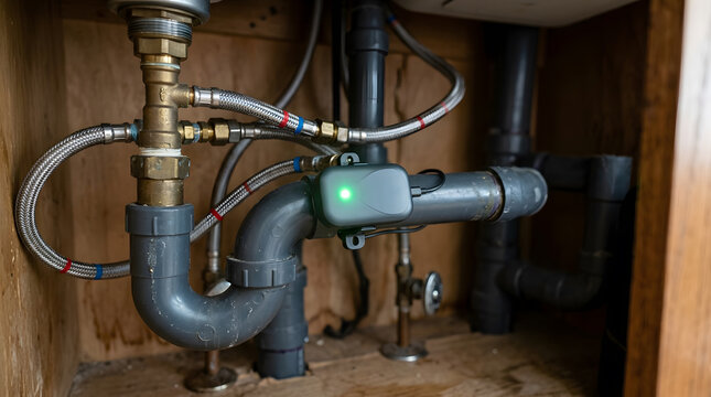 Close up of plumbing p-trap pipe under sink with active moisture alarm sensor p trap leak sensor kitchen plumbing water detection
