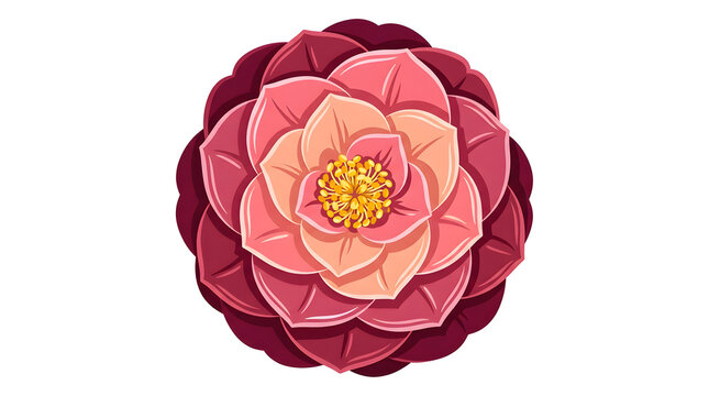 Blooming camellia flower vector illustration, pink and magenta petal lotus or peony, Asian oriental floral ornament isolated on white background
