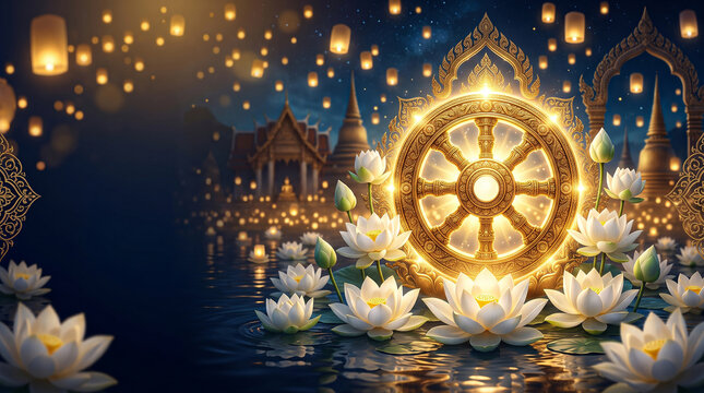 Dharma wheel illuminated by golden light with lotus flowers floating on water and lanterns.
