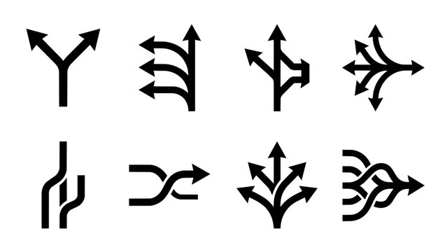 Set of black divergent and convergent directional path arrows