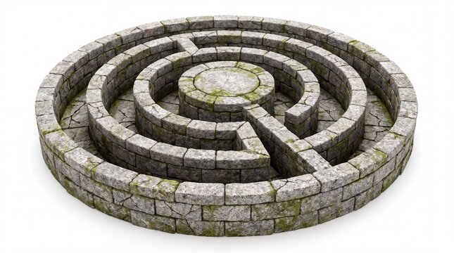 Circular Ancient Stone Maze Structure with Mossy Texture Isolated on White Background for Architectural Design Concepts