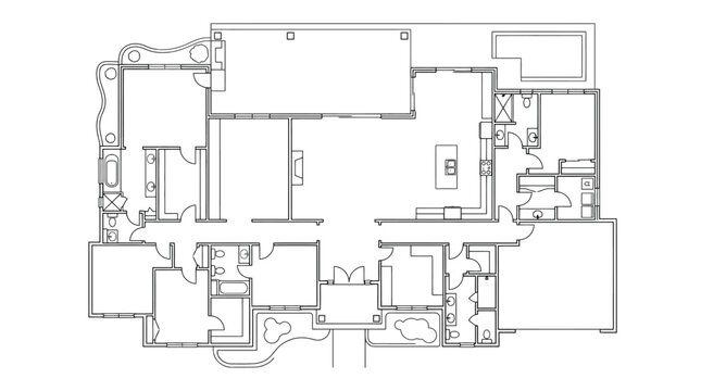 Architectural drawing displaying a residential home interior layout planning with living spaces and multiple bedrooms for construction project blueprints to assist builders and property