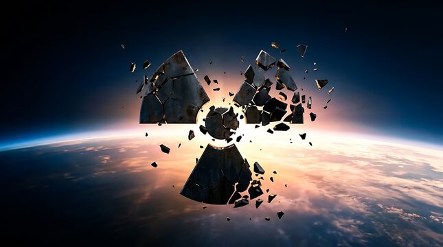 A shattered radioactive symbol floating above the planet Earth in deep space.