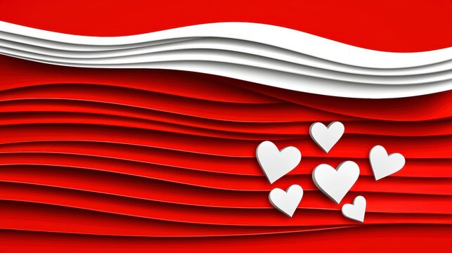 Romantic Red and White Wavy Abstract Background with 3D Hearts