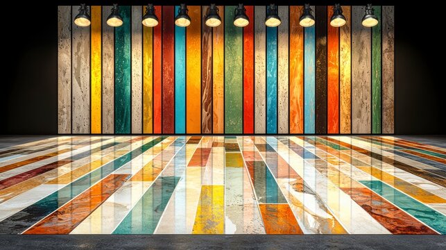 Vibrant Stage Background with Colorful Striped Wall and Reflective Floor