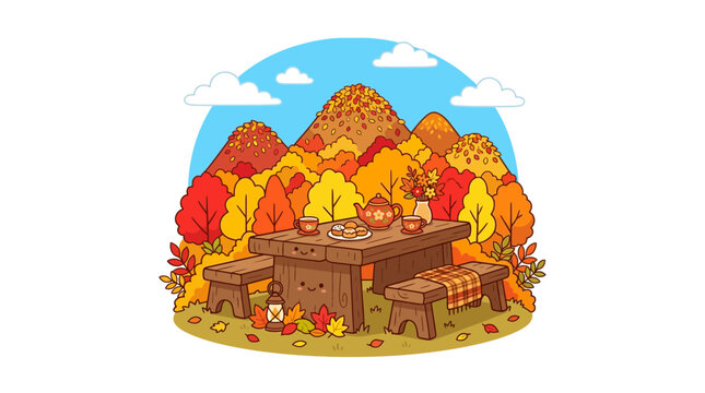 Autumn picnic table with tea in mountain landscape.