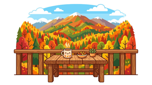Mountain balcony with coffee mug and autumn foliage.