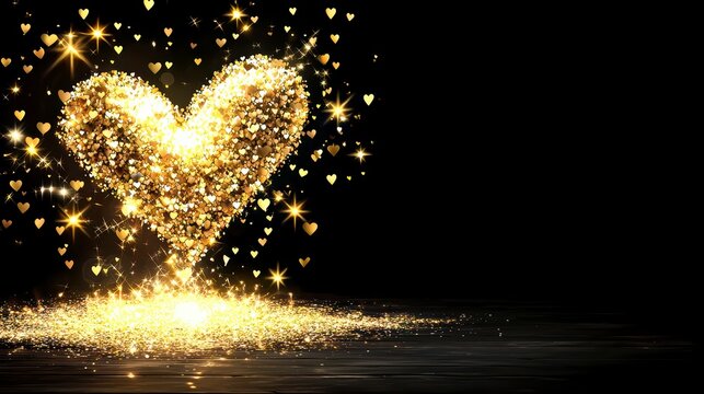 Golden Glitter Heart Shape on Black Background with Sparkling Lights - Love and Celebration Concept