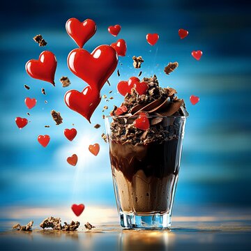 Romantic Chocolate Dessert Parfait with Falling Hearts for Valentine's Day