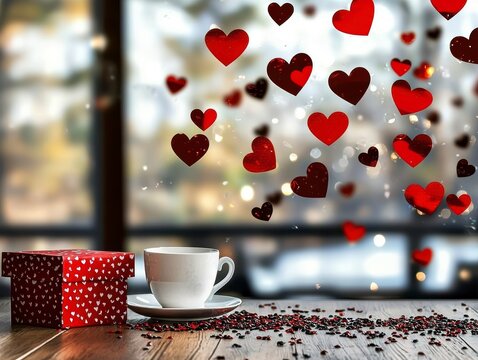 Romantic Valentine's Day Coffee Break with Gift Box and Floating Hearts