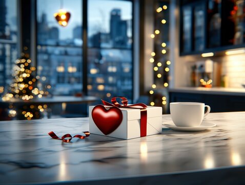Elegant Valentine's Day Gift Box with Coffee Cup in Modern City Apartment