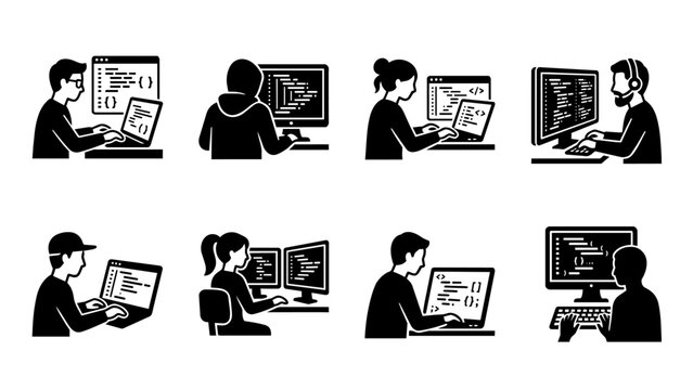 Software developers and programmers working on computers icon set