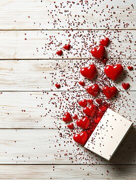 Valentine's Day Gift Box Spilling Red Hearts on Rustic Wooden Background