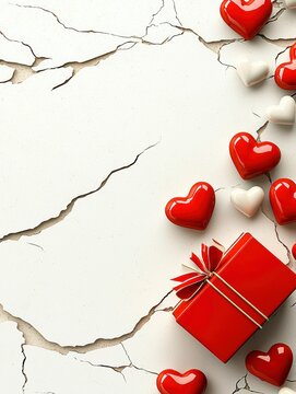 Romantic Red and White Hearts with Gift Box on Cracked Background