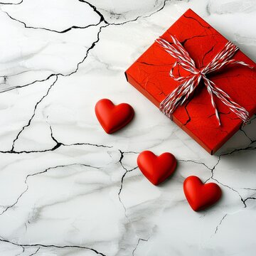 Elegant Red Gift Box and Hearts on Marble Background for Valentine's Day