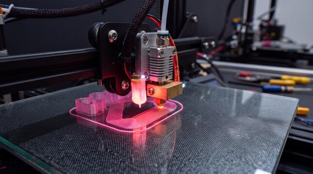 3D printer printing glowing plastic object with pink filament in a workshop