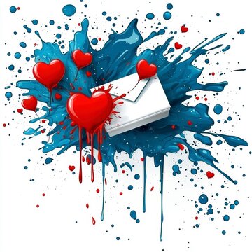 Vibrant Love Letter Concept: Red Hearts, Envelope, and Blue Paint Splash Illustration