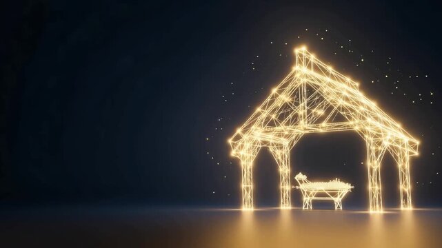A minimalist, luminous depiction of a Nativity scene, with a stable outlined in glowing golden lights and a manger resting within. ..Created with Generative AI, not depicting real subjects.