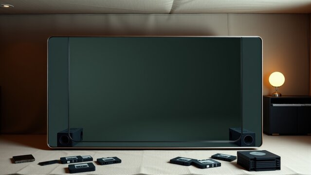 Dark room features television, speakers, retro game cartridges. Minimalist setup evokes nostalgia, warm lighting creates mood.