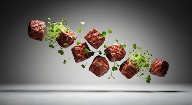 Delicious Grilled Steak Cubes Levitating with Fresh Herbs in Mid-Air.