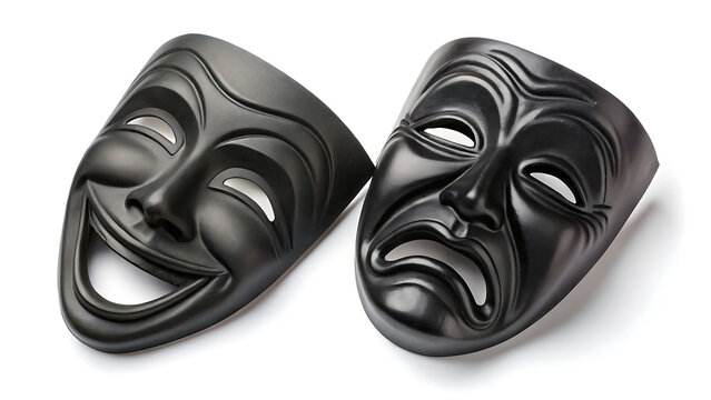 Two black theatrical comedy and tragedy masks isolated on a white background