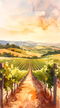 Vertical watercolor vineyard landscape stacked from foreground to distant hills showing soft warm mood generative AI