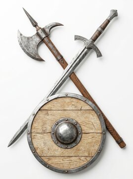 Medieval Warrior Equipment Set with Crossed Sword, Battle Axe, and Round Wooden Shield Isolated on White Background