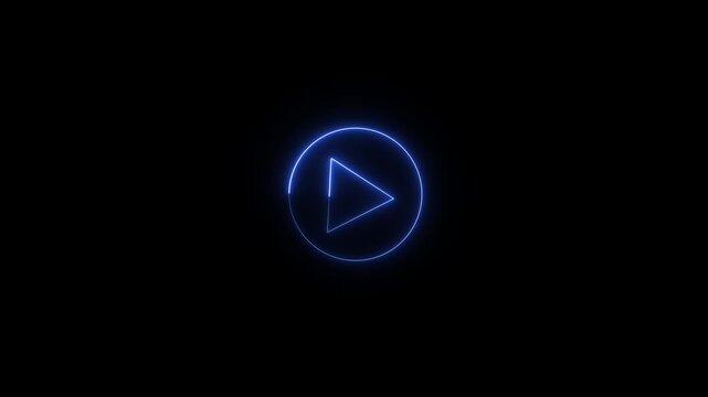 Neon blue play button animation, glowing circular loading interface for digital media and ui