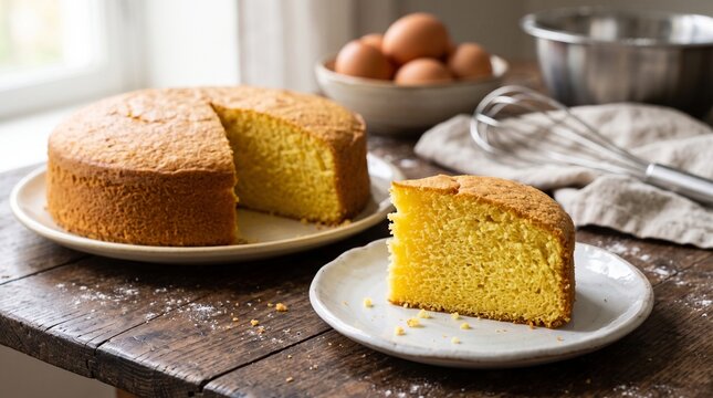 Golden Cake Slice on Rustic Table