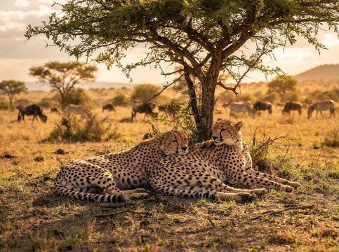 Two Cheetahs Resting Under a Tree in the African Savannah with Wildebeest in the Background.