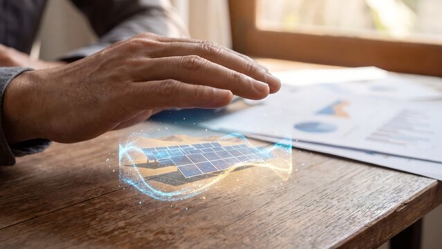 Solar energy farm management platform, hand activating holographic solar panel array model above energy analytics charts on wooden desk, renewable power, photovoltaic planning and clean