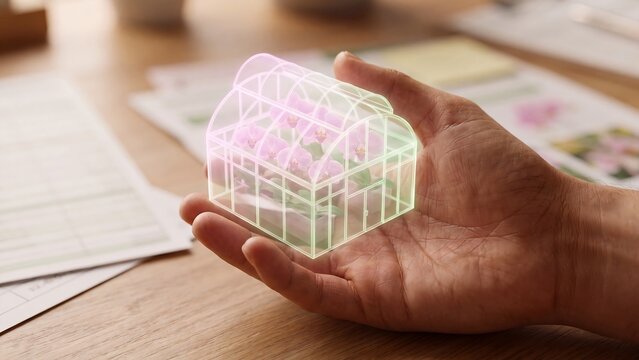 Greenhouse floriculture production platform, hand holding holographic flower greenhouse model above botanical illustrations on desk, controlled environment agriculture, orchid cultivation