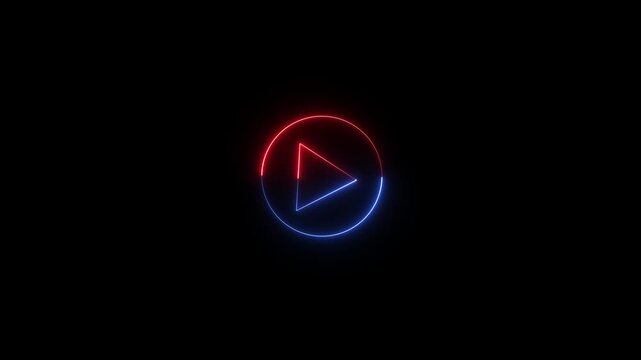 Neon play button with rotating red and blue glowing light effect on black background, animation