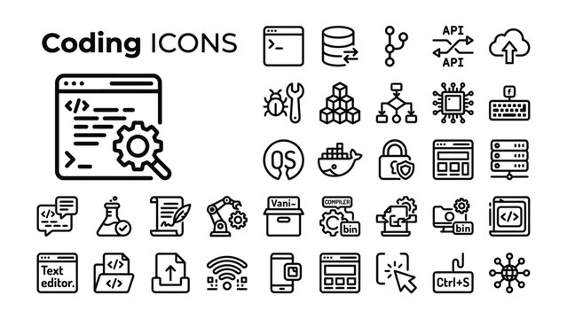 Coding Icons Set: A comprehensive collection of flat design icons representing various aspects of coding, programming, and software development, perfect for tech websites and applications.
