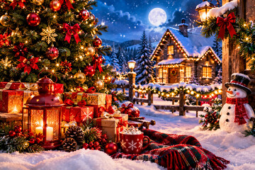 Fototapeta premium Magical Christmas Winter Scene with Decorated Tree, Gifts and Snowy Cottage