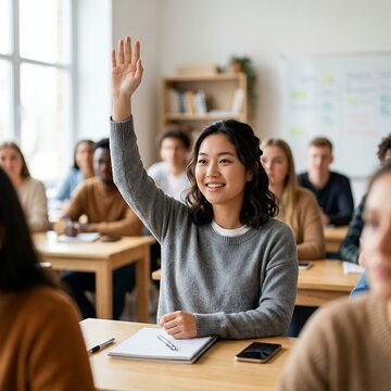 Young Asian student raising hand in classroom during lesson.