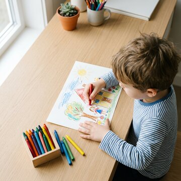 Young boy drawing a colorful picture with crayons at a wooden desk.